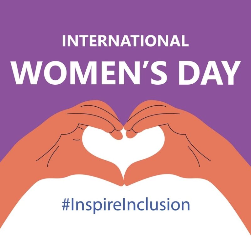 International Women's Day. IWD. 8 march. Celebrating theme Inspire Inclusion. Heart hands